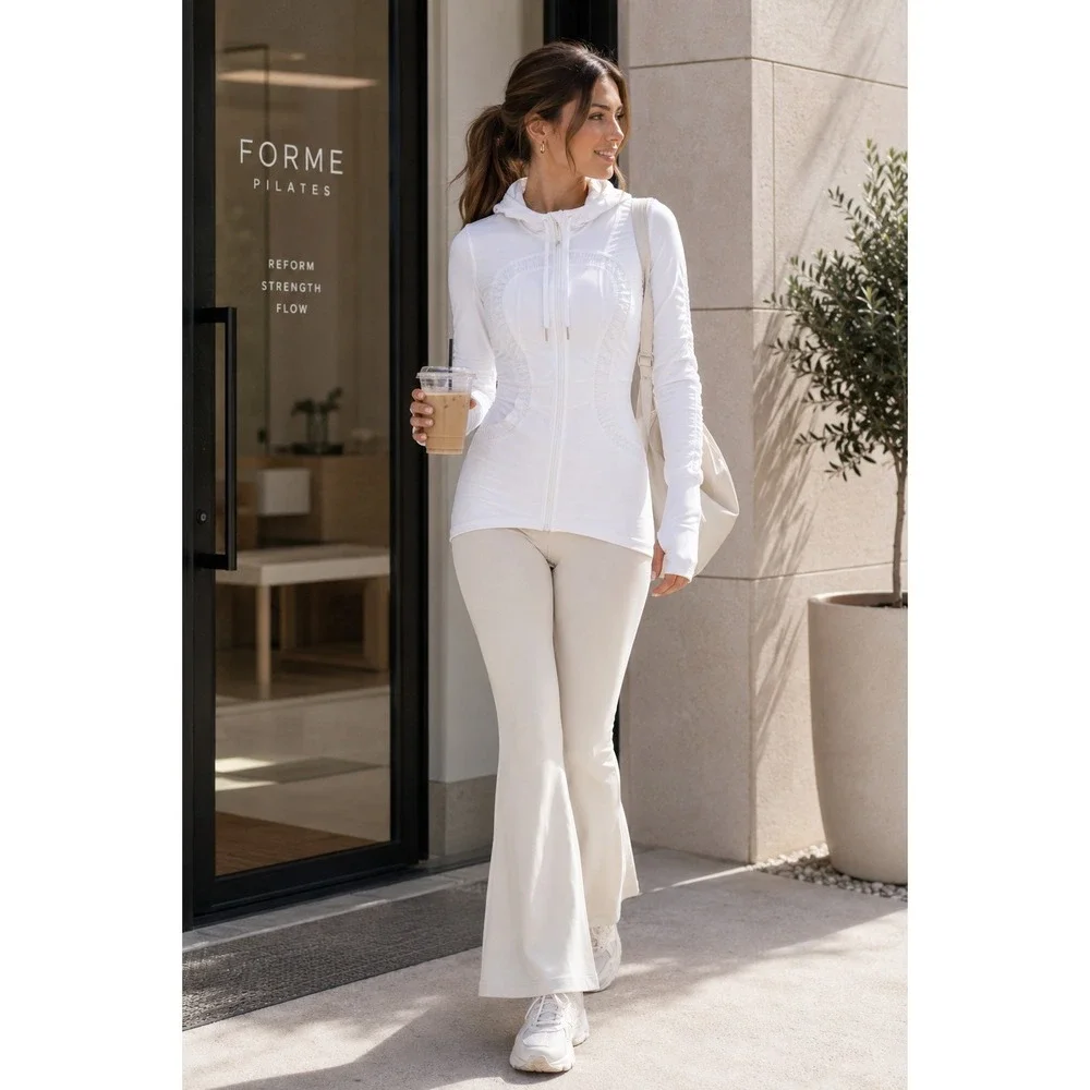 Lululemon Dance Studio Jacket Women 12‎ White Ruched Hooded Full Zip Activewear